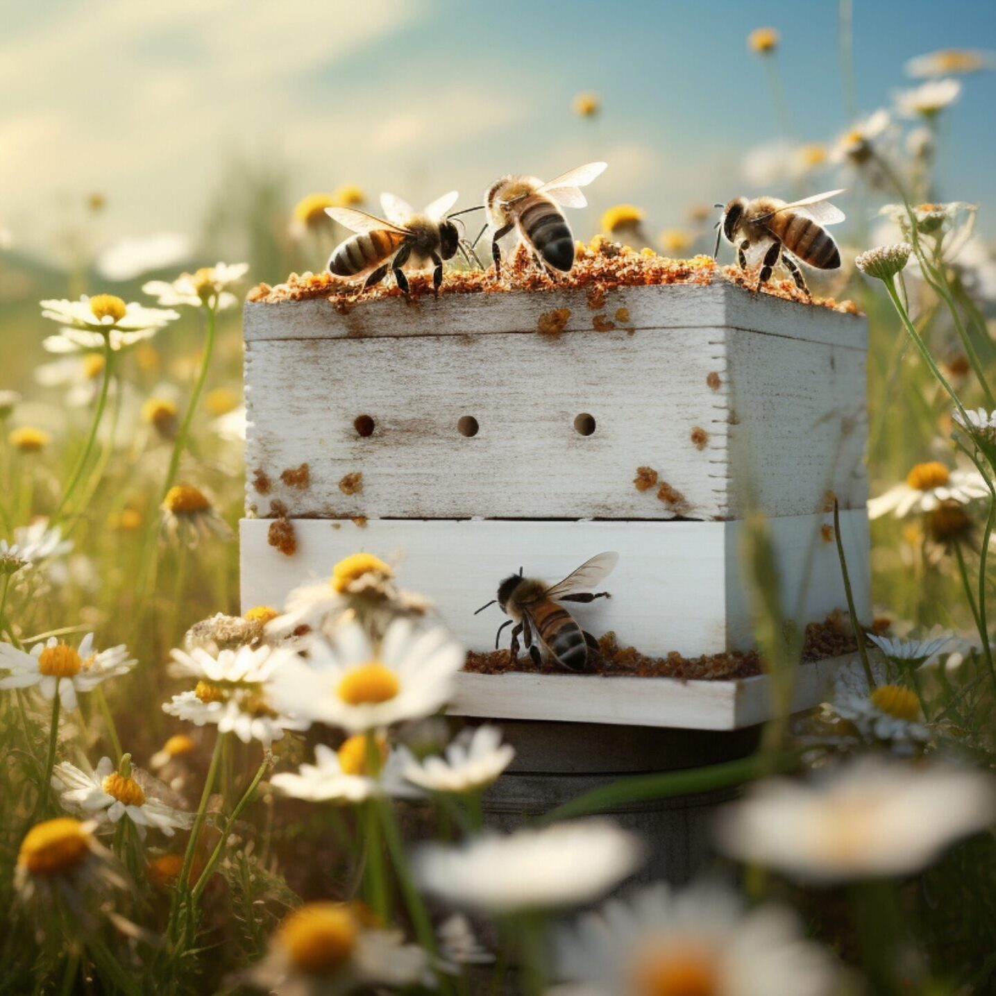 beehive-with-bees-buzzing-around-field-with-chamomiles_11zon